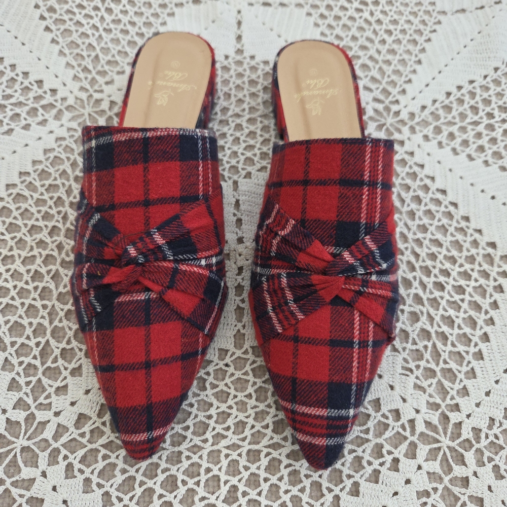 Amanda Blu Red Plaid Mules with Bow Detail Size 10